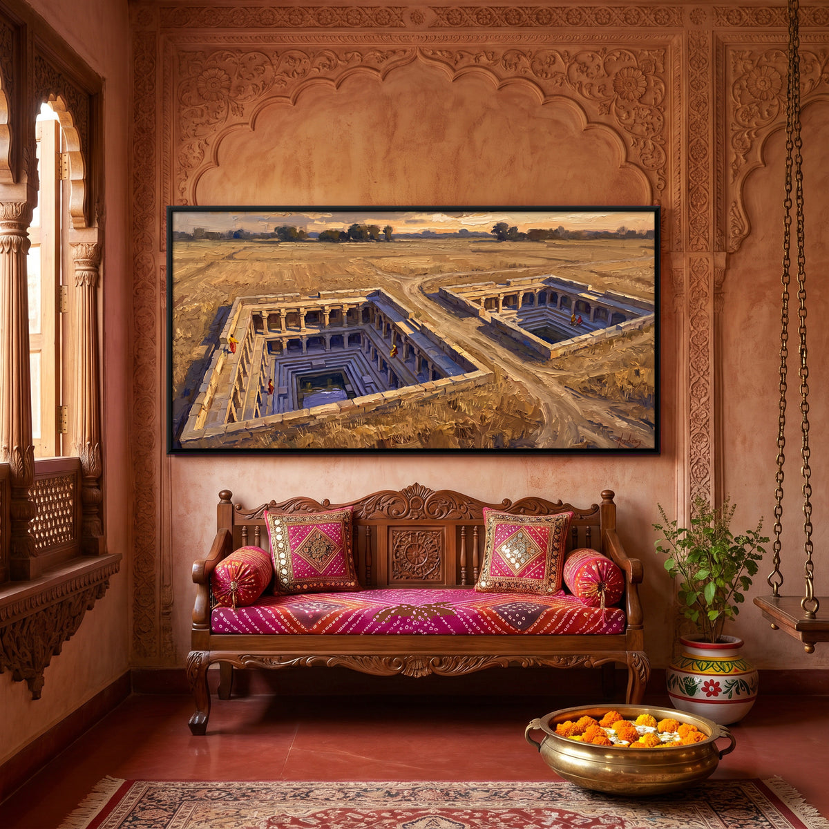 Stepwells in the Fields - canvas art shown in a second room setting