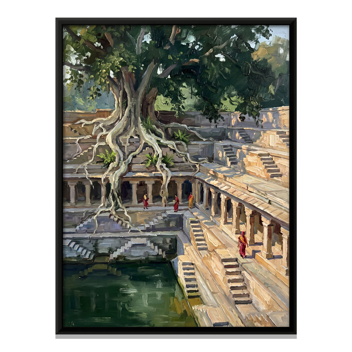 Banyan Roots Over a Stepwell - framed canvas print, front view