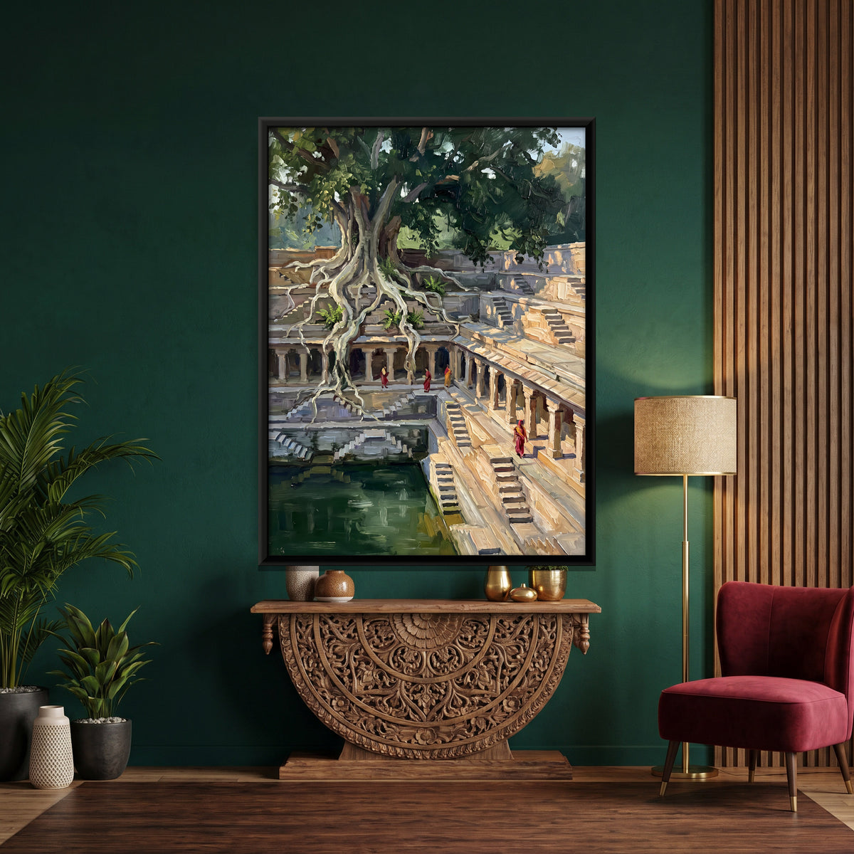 Banyan Roots Over a Stepwell - canvas art shown in a styled room