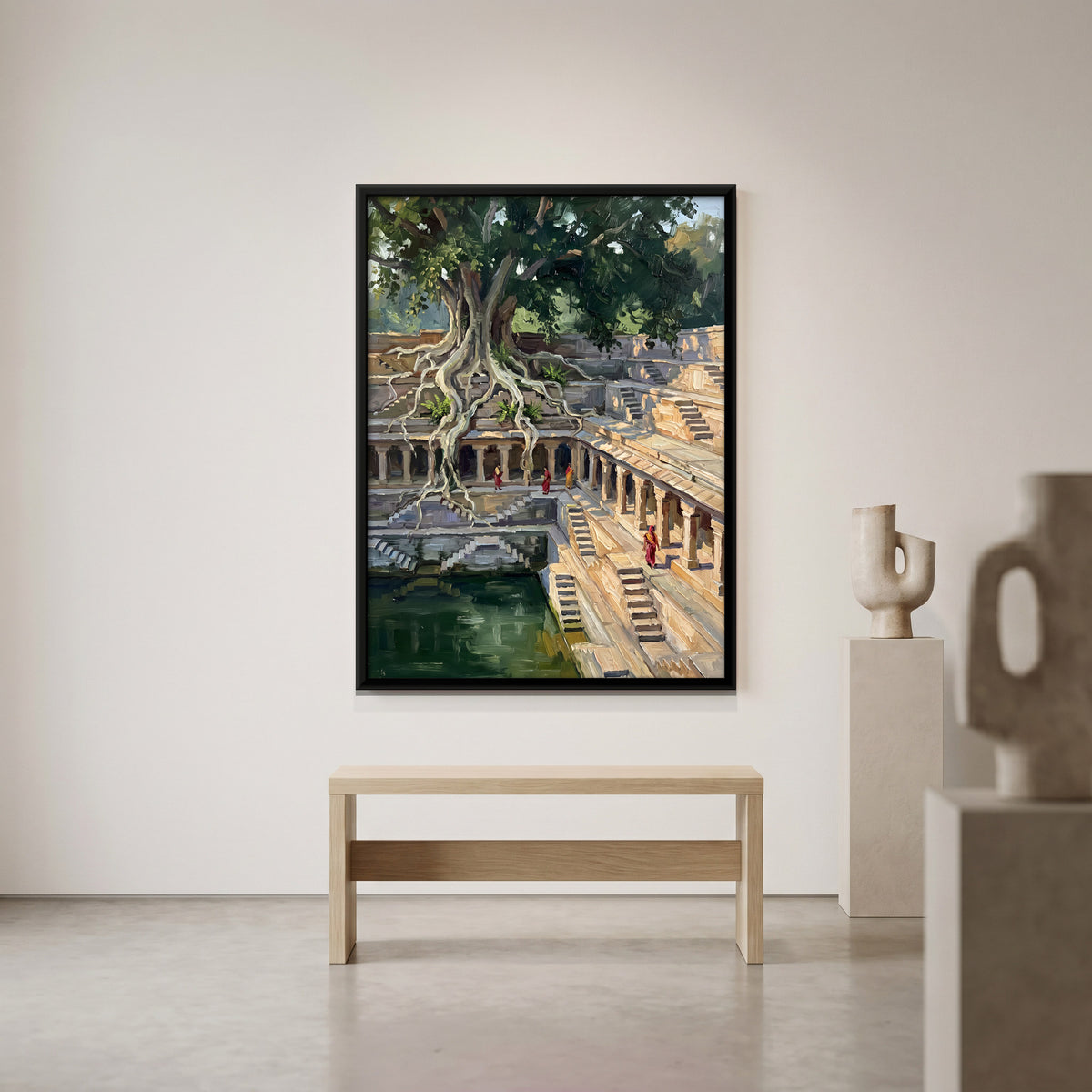 Banyan Roots Over a Stepwell - canvas art shown in a second room setting