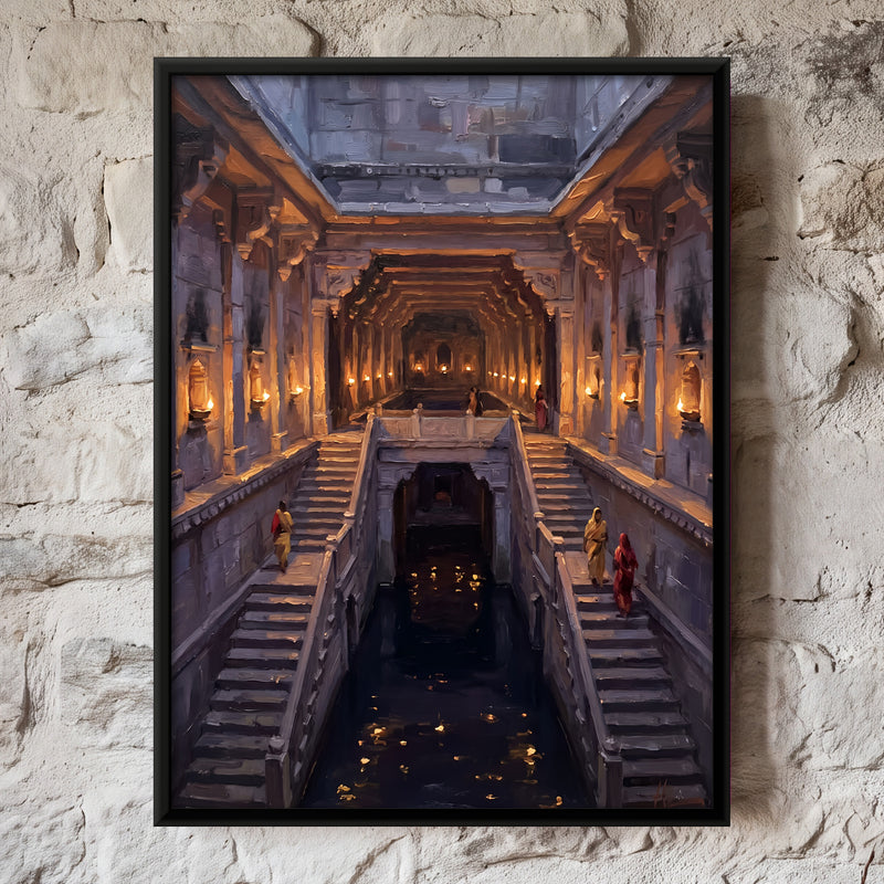 Stepwell Lit by Oil Lamps - framed canvas art hung on a wall