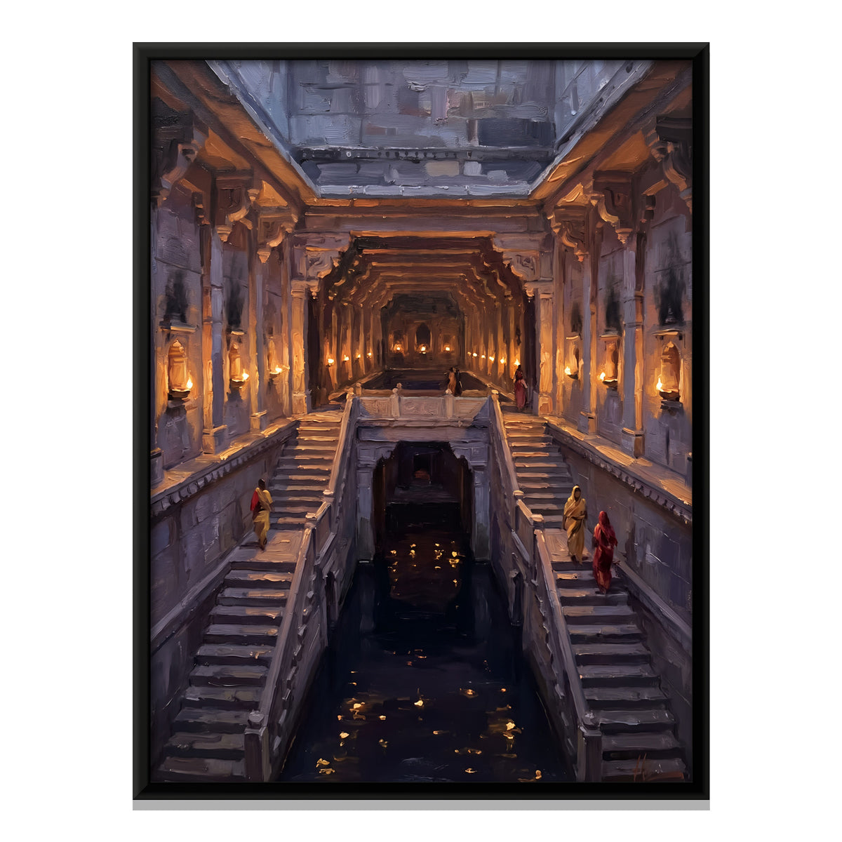 Stepwell Lit by Oil Lamps - framed canvas print, front view