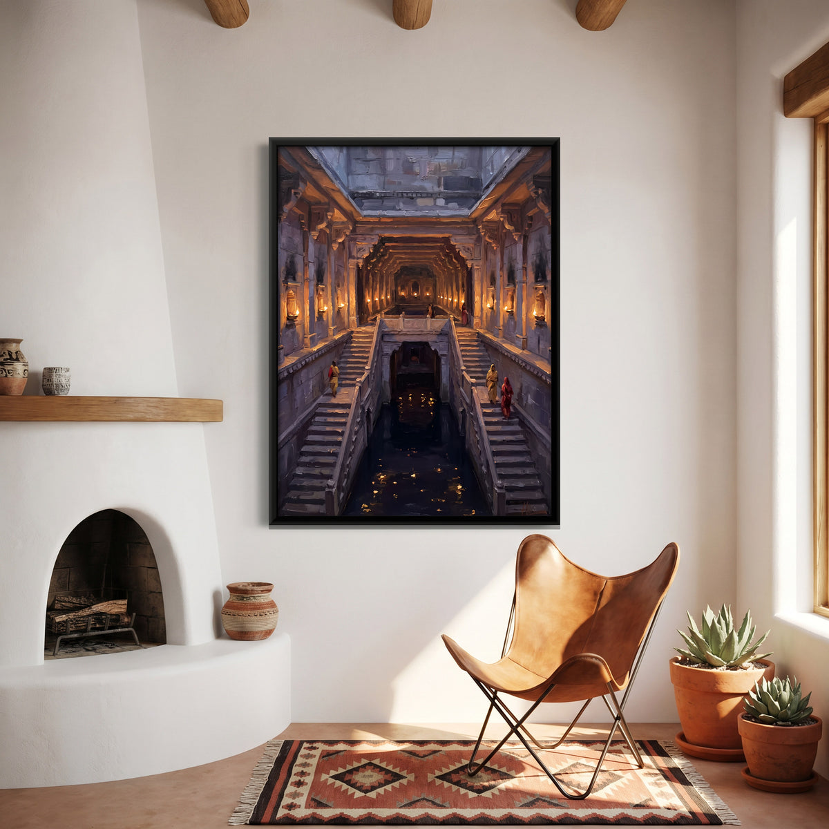 Stepwell Lit by Oil Lamps - canvas art shown in a styled room