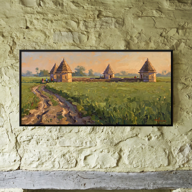 Stone Shrines in a Green Field - framed canvas art hung on a wall