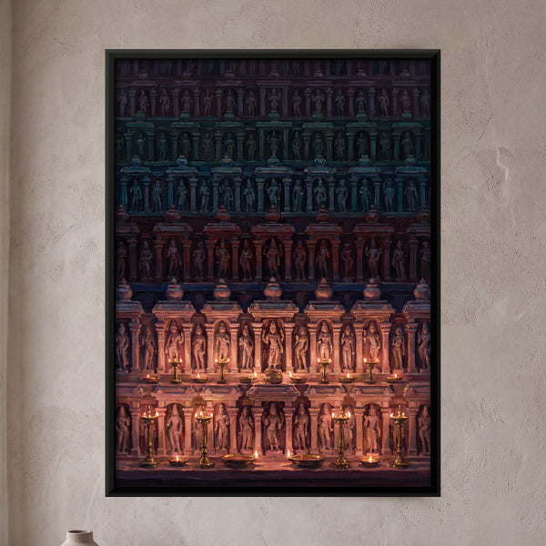 Carved Temple Wall Illuminated by Oil Lamps