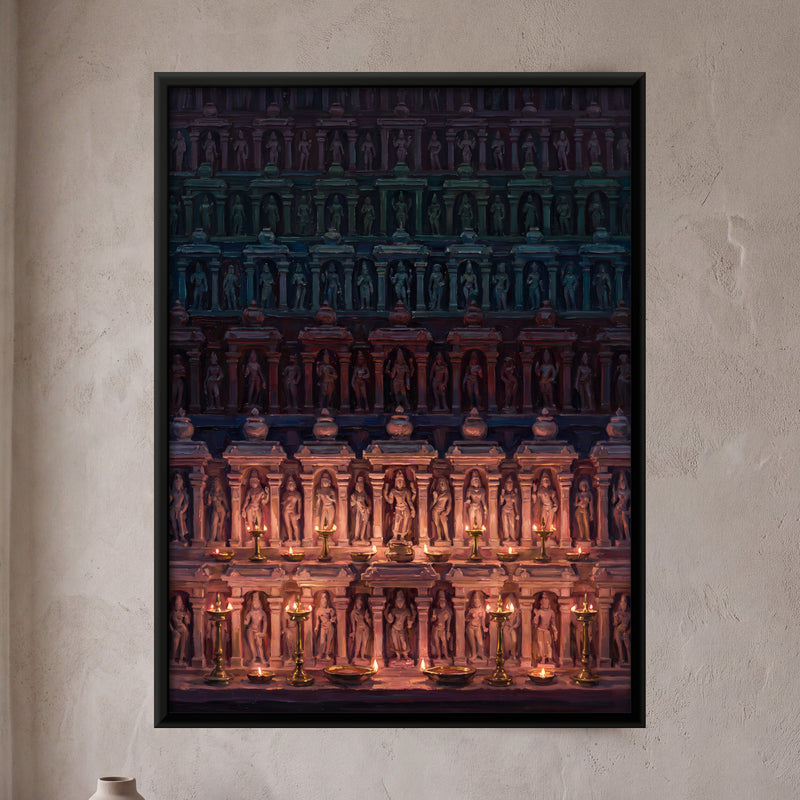Carved Temple Wall with Oil Lamps - framed canvas art hung on a wall