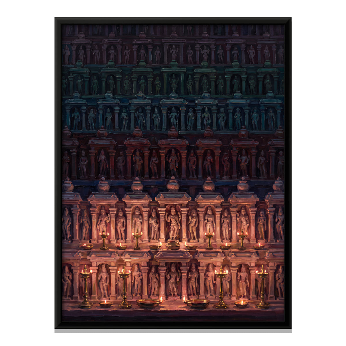 Carved Temple Wall with Oil Lamps - framed canvas print, front view