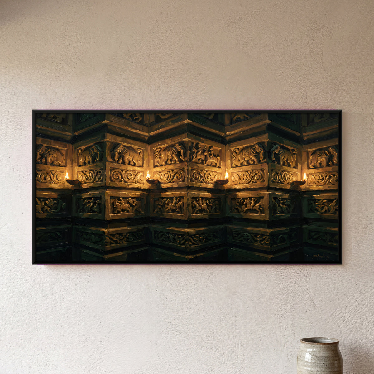 Temple Carvings by Lamplight - framed canvas art hung on a wall