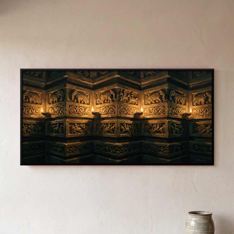 Temple Carvings by Lamplight - framed canvas art hung on a wall