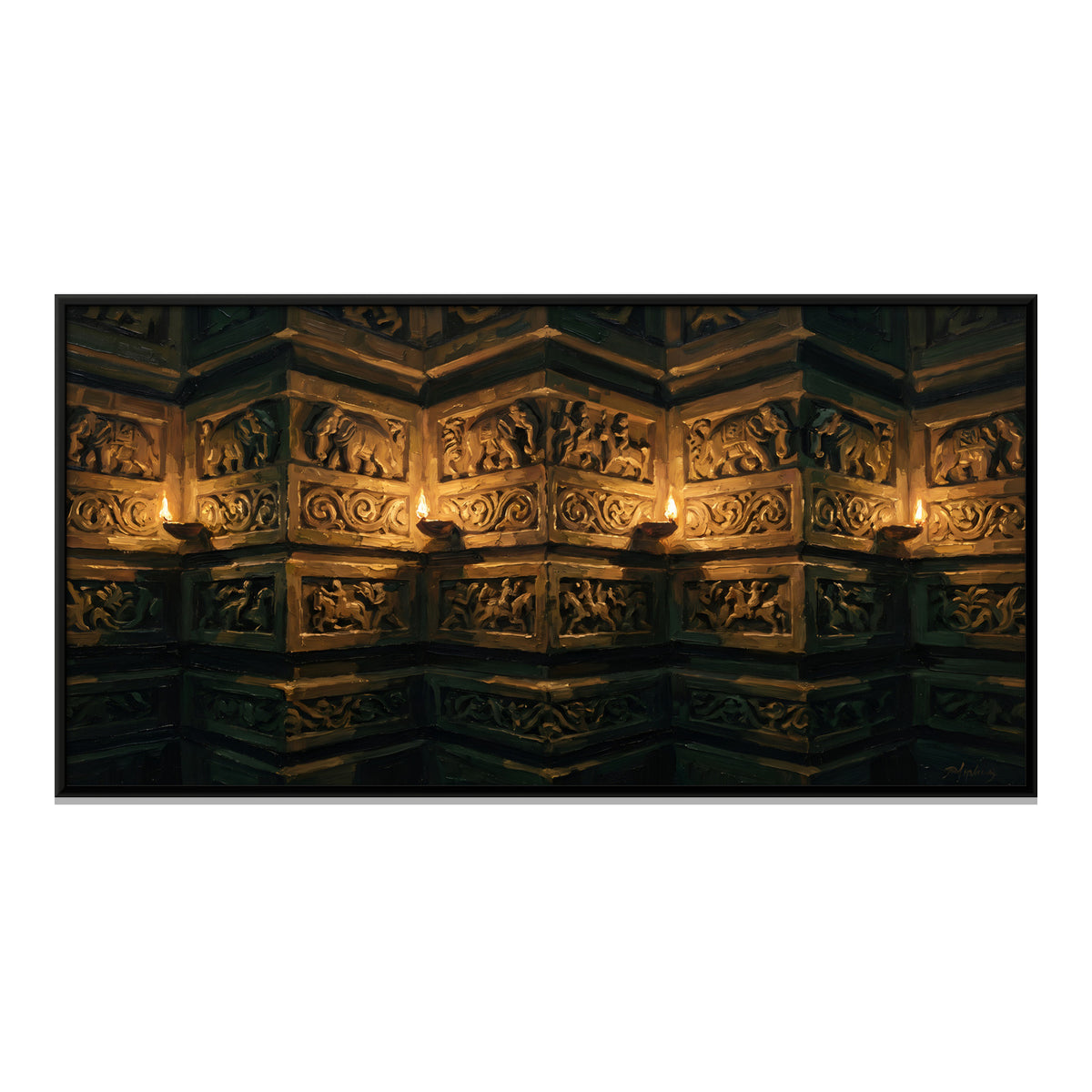 Temple Carvings by Lamplight - framed canvas print, front view