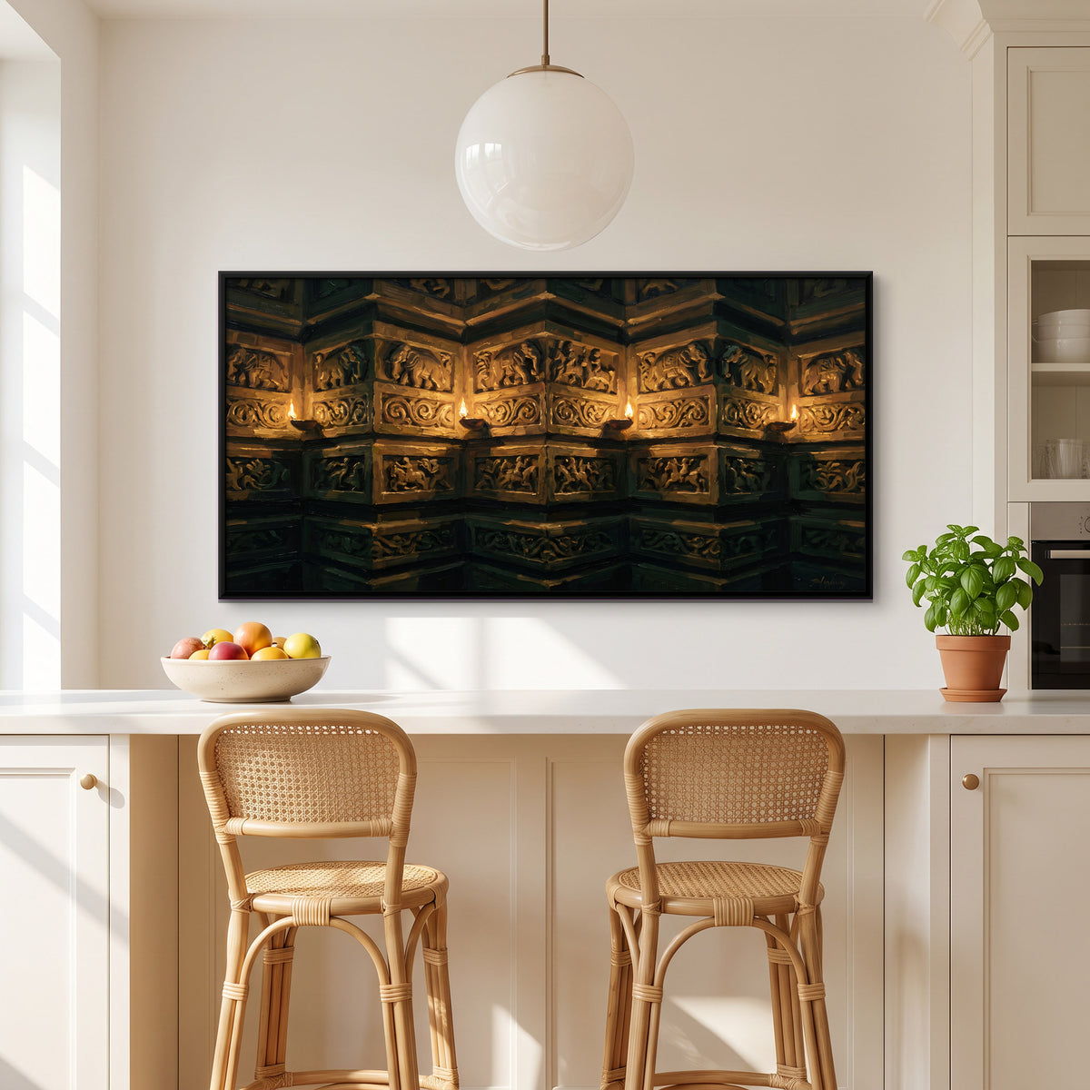 Temple Carvings by Lamplight - canvas art shown in a styled room