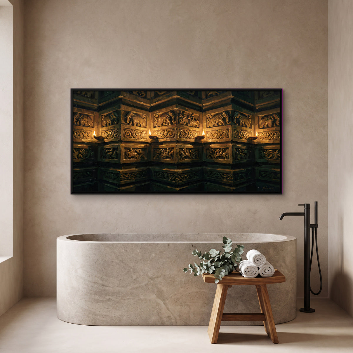 Temple Carvings by Lamplight - canvas art shown in a second room setting