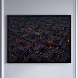 Aerial View of Lamplit Town Rooftops at Night