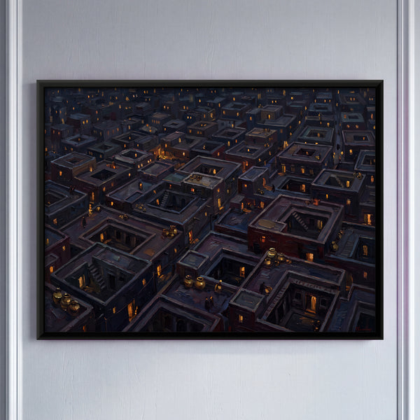 Aerial View of Lamplit Town Rooftops at Night