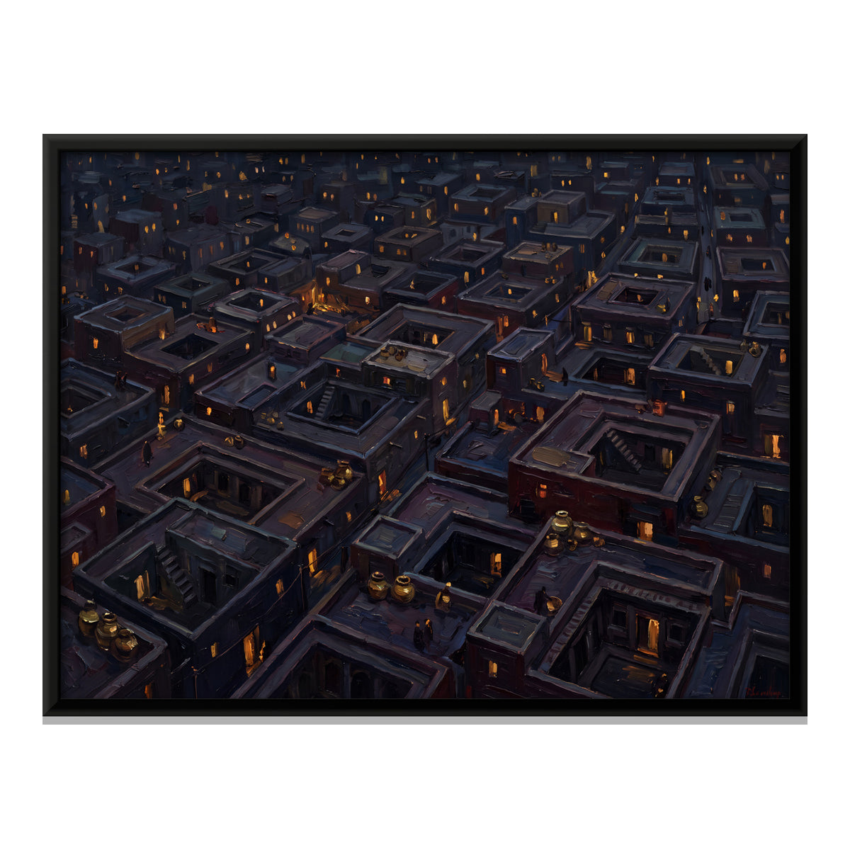Lamplit Town Rooftops - framed canvas print, front view