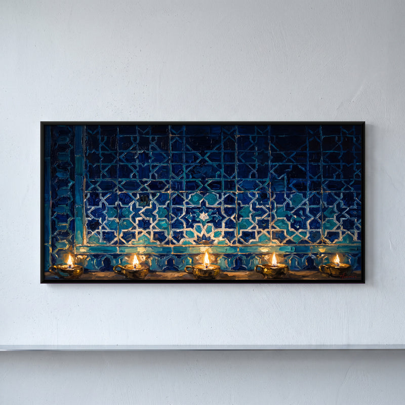 Blue Tiled Wall with Oil Lamps - framed canvas art hung on a wall