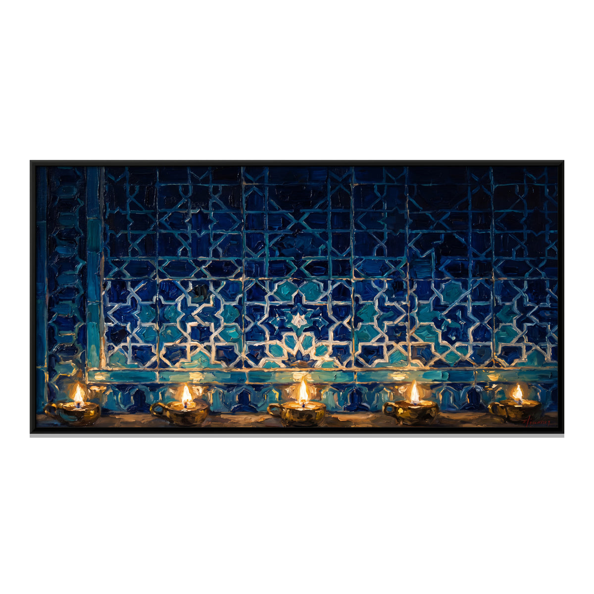 Blue Tiled Wall with Oil Lamps - framed canvas print, front view