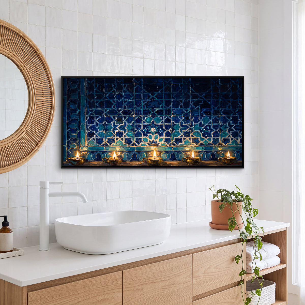 Blue Tiled Wall with Oil Lamps - canvas art shown in a styled room