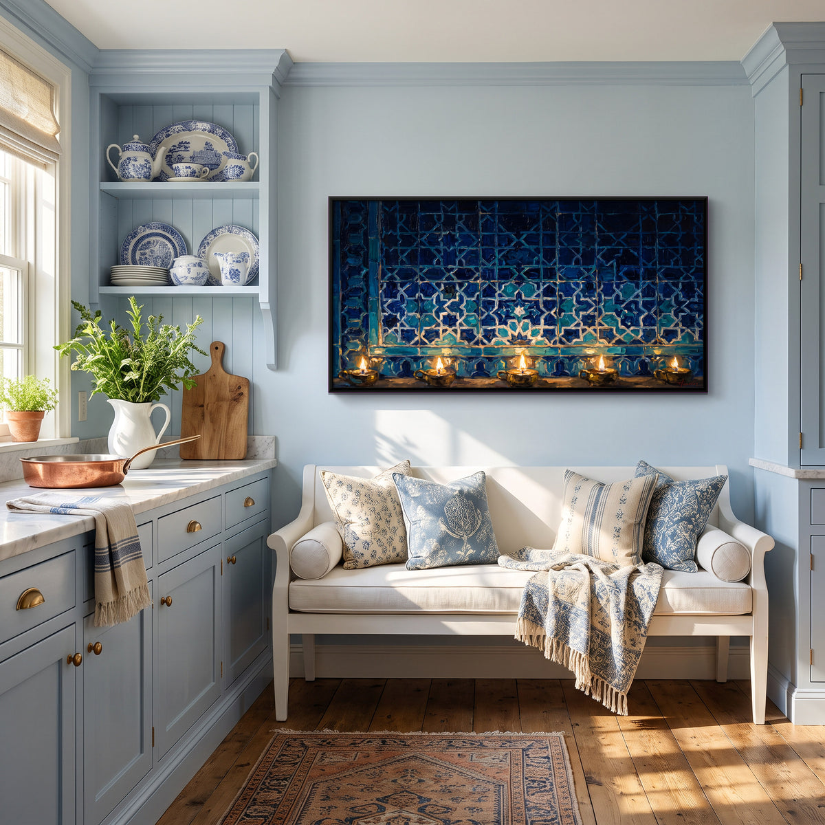 Blue Tiled Wall with Oil Lamps - canvas art shown in a second room setting