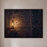 Hand Holding Oil Lamp Illuminating Mirrored Floral Wall