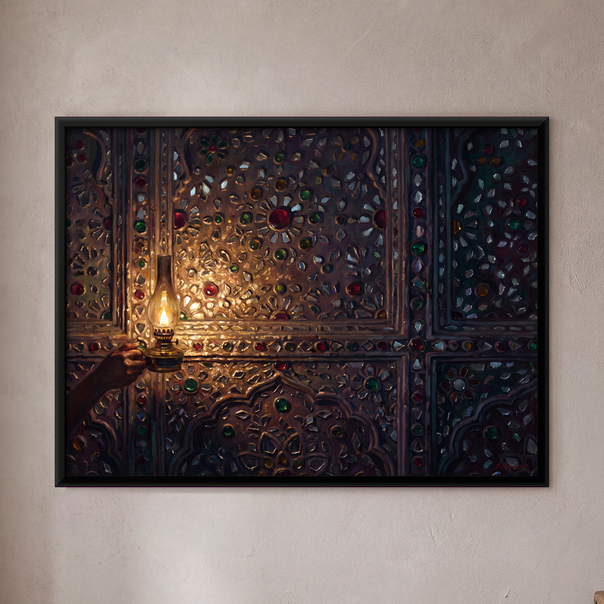 Lamplight on a Mirrored Wall - framed canvas art hung on a wall