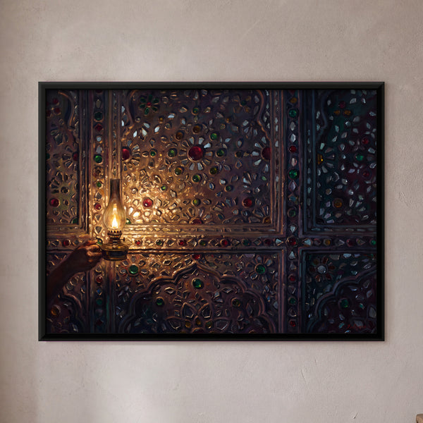 Hand Holding Oil Lamp Illuminating Mirrored Floral Wall