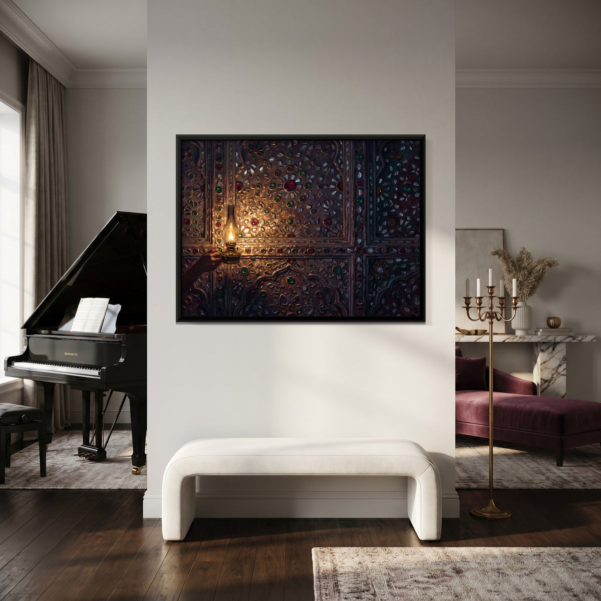Lamplight on a Mirrored Wall - canvas art shown in a styled room