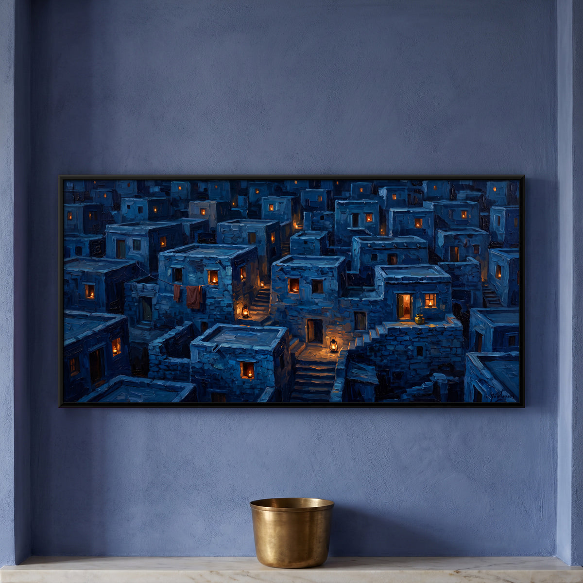 Blue City Houses at Night - framed canvas art hung on a wall
