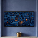Blue City Houses Illuminated by Lamps at Night