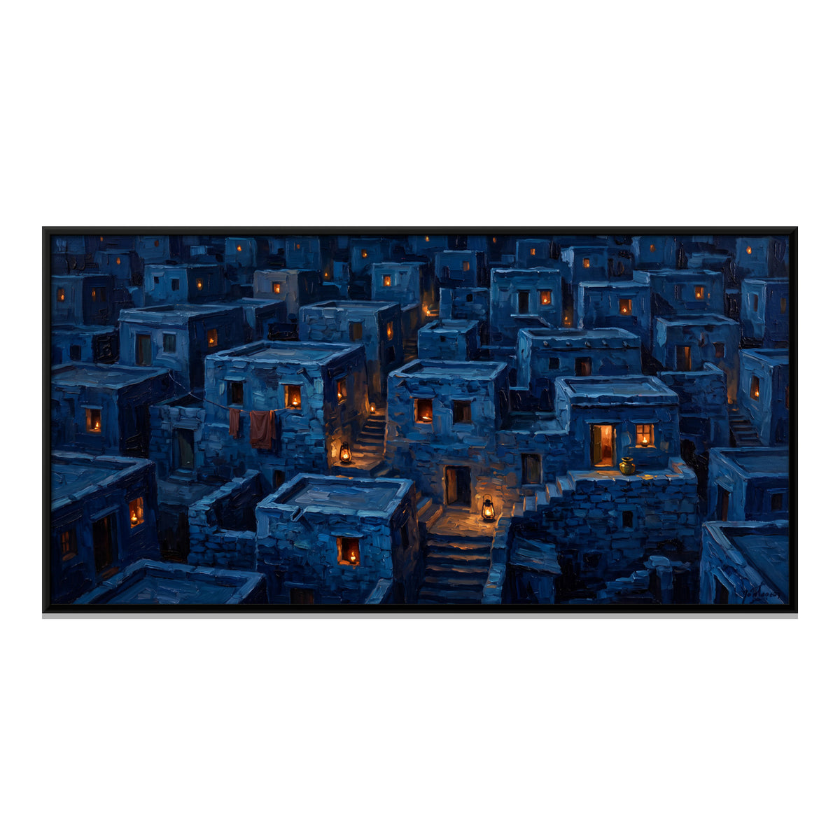 Blue City Houses at Night - framed canvas print, front view