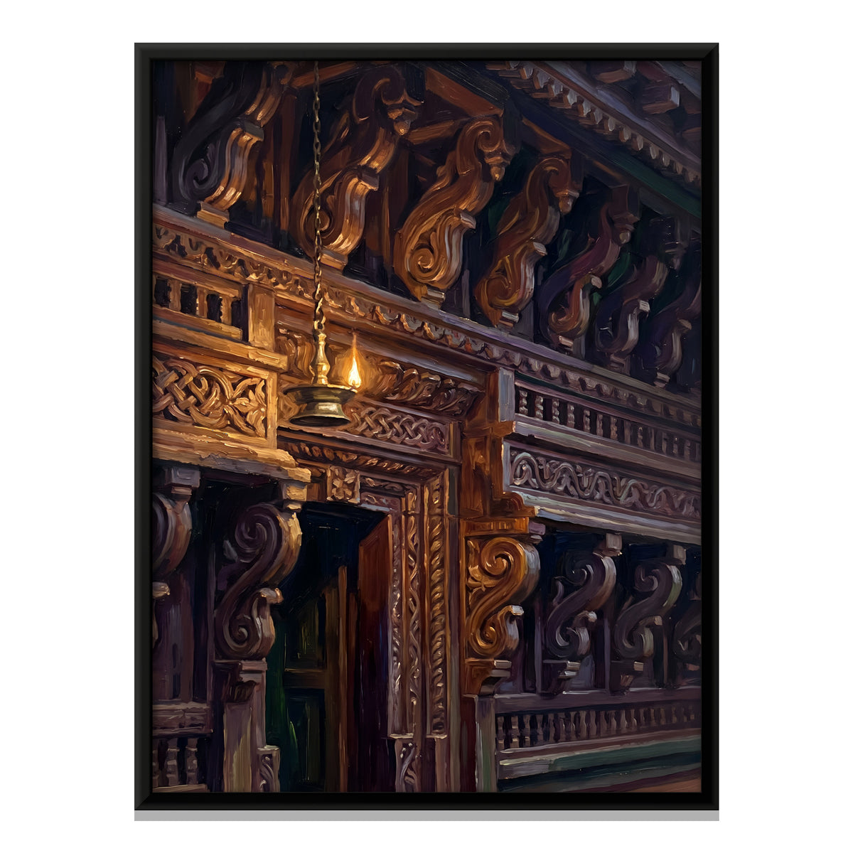 Carved Wooden Balcony at Night - framed canvas print, front view