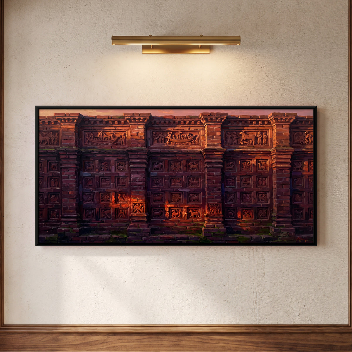 Carved Temple Wall at Dusk - framed canvas art hung on a wall