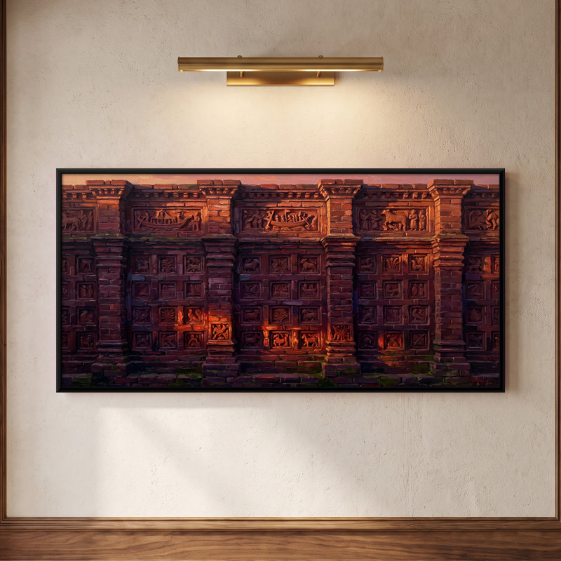 Carved Temple Wall at Dusk - framed canvas art hung on a wall