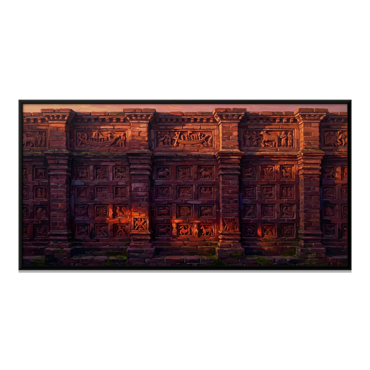 Carved Temple Wall at Dusk - framed canvas print, front view