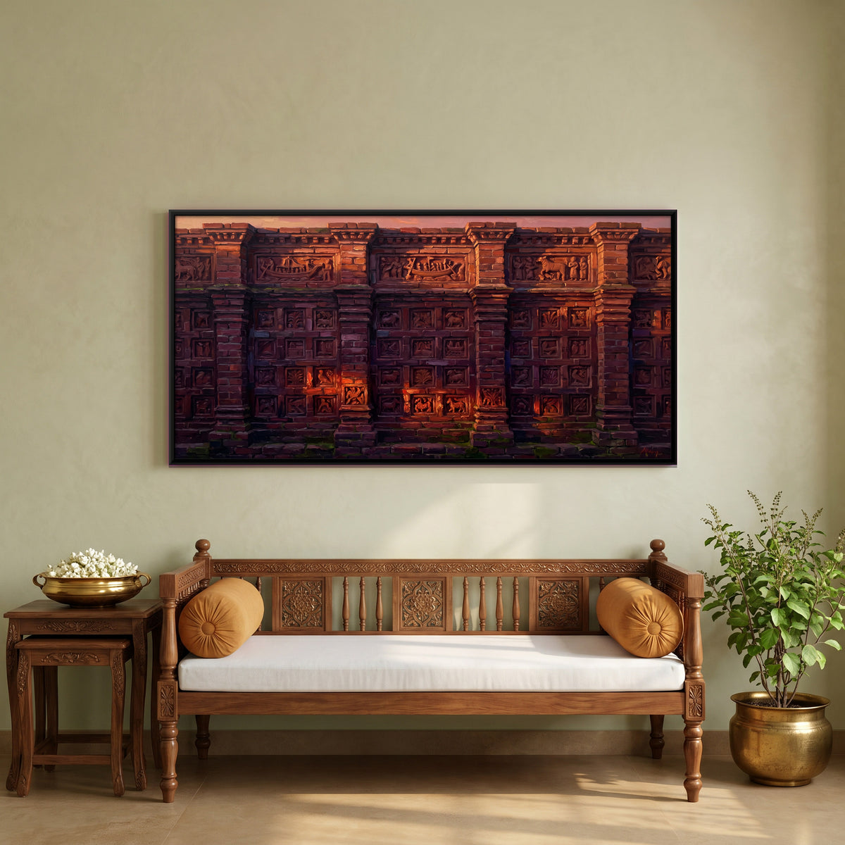 Carved Temple Wall at Dusk - canvas art shown in a styled room
