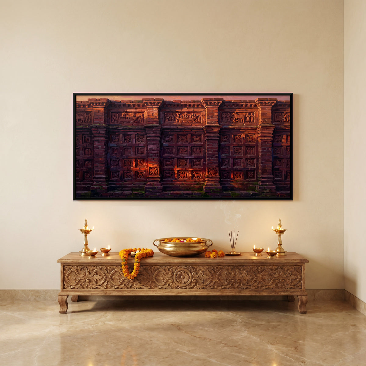 Carved Temple Wall at Dusk - canvas art shown in a second room setting