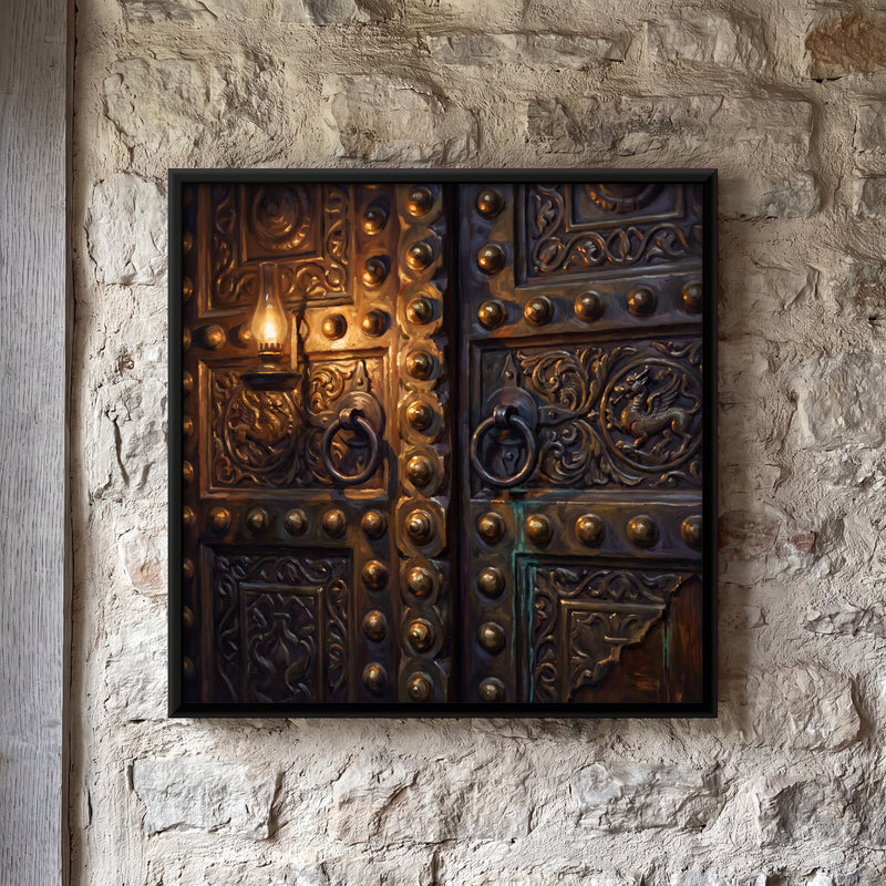 Brass-Studded Carved Doors - framed canvas art hung on a wall