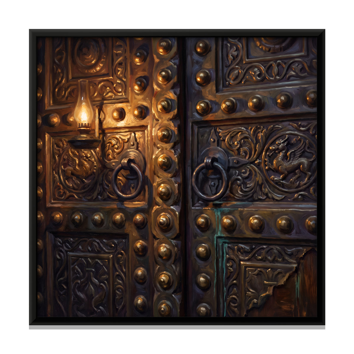 Brass-Studded Carved Doors - framed canvas print, front view