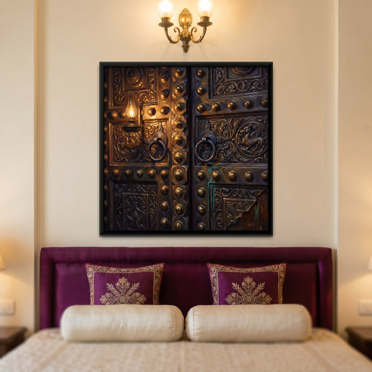 Brass-Studded Carved Doors - canvas art shown in a second room setting