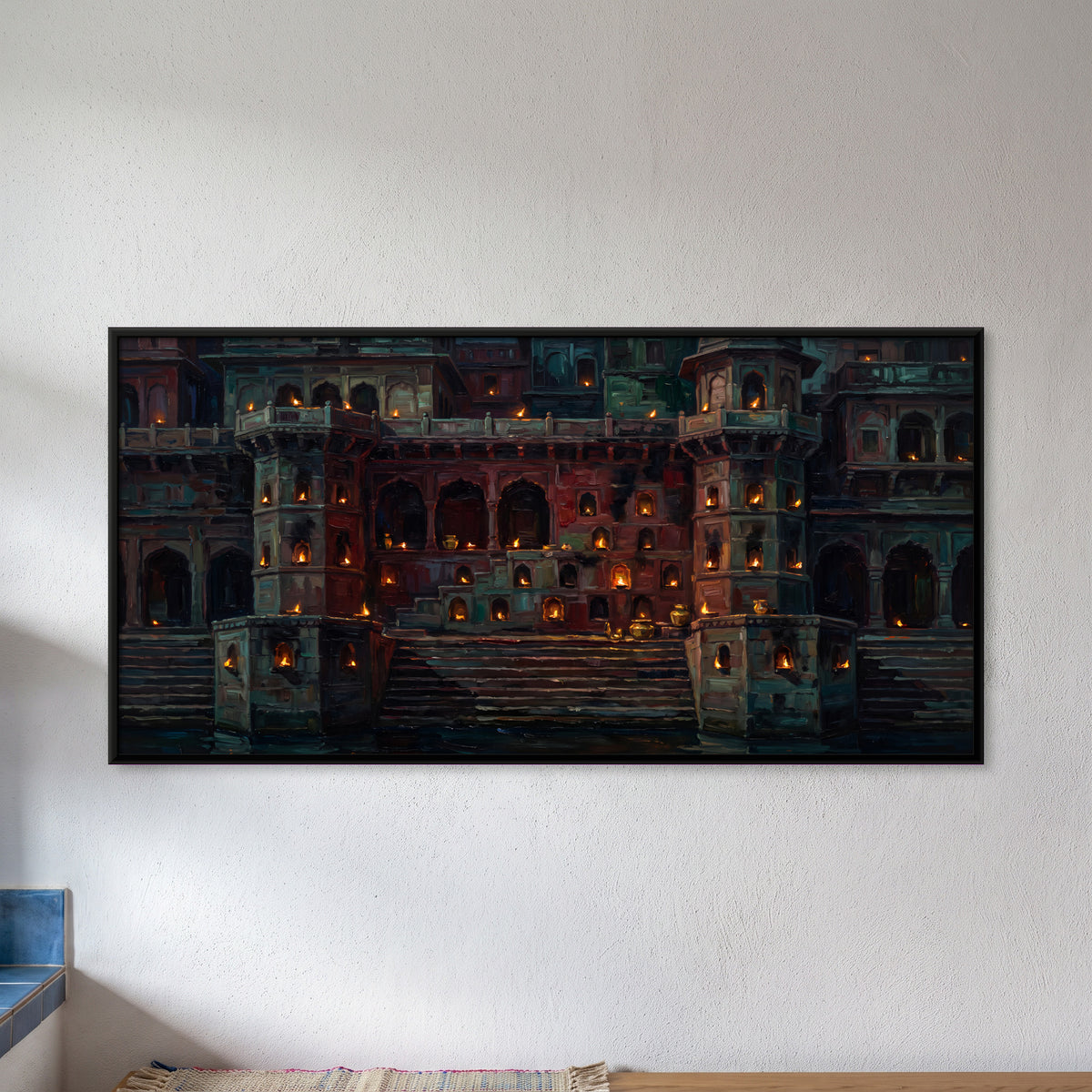 Lamplit Palace and Ghat Steps - framed canvas art hung on a wall