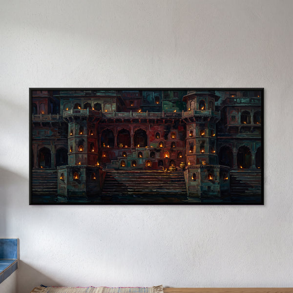 Lamplit Palace and Ghat Steps by the Water