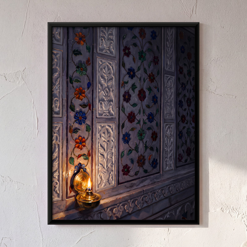 Marble Inlay Wall with Oil Lamp - framed canvas art hung on a wall