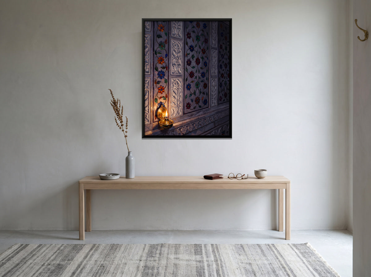 Marble Inlay Wall with Oil Lamp - canvas art shown in a second room setting