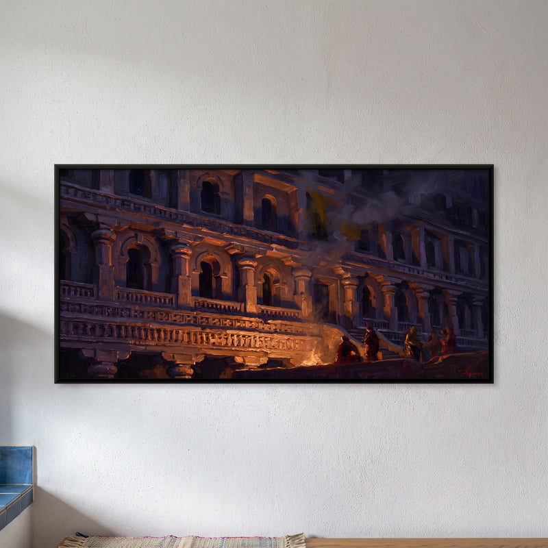 Palace Facade by Firelight - framed canvas art hung on a wall