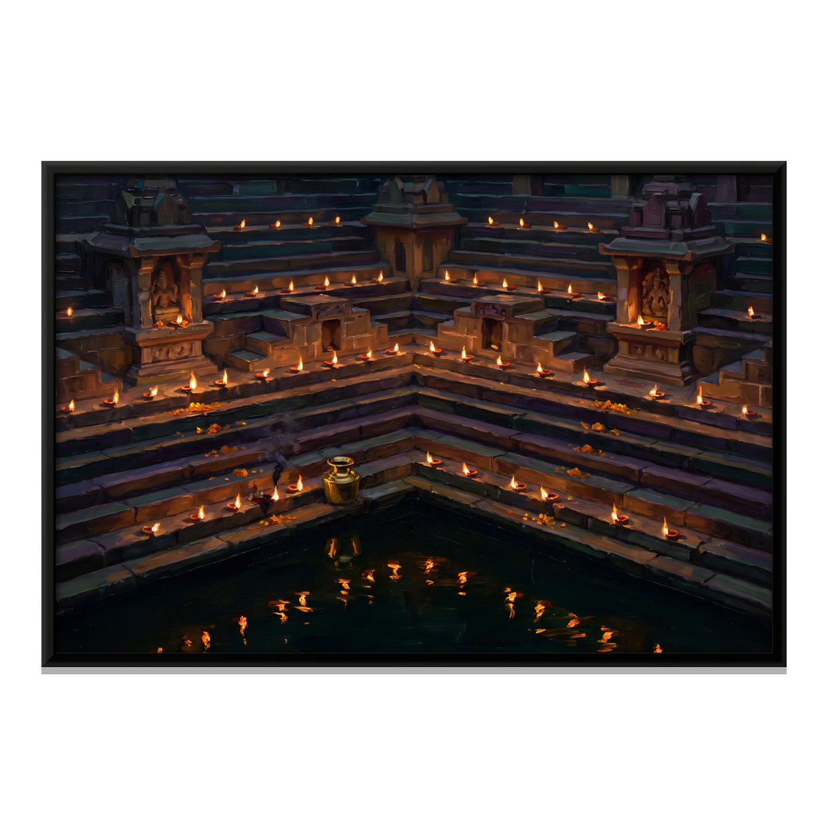 Oil Lamps on a Temple Tank - framed canvas print, front view