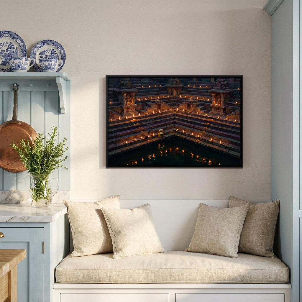 Oil Lamps on a Temple Tank - canvas art shown in a styled room