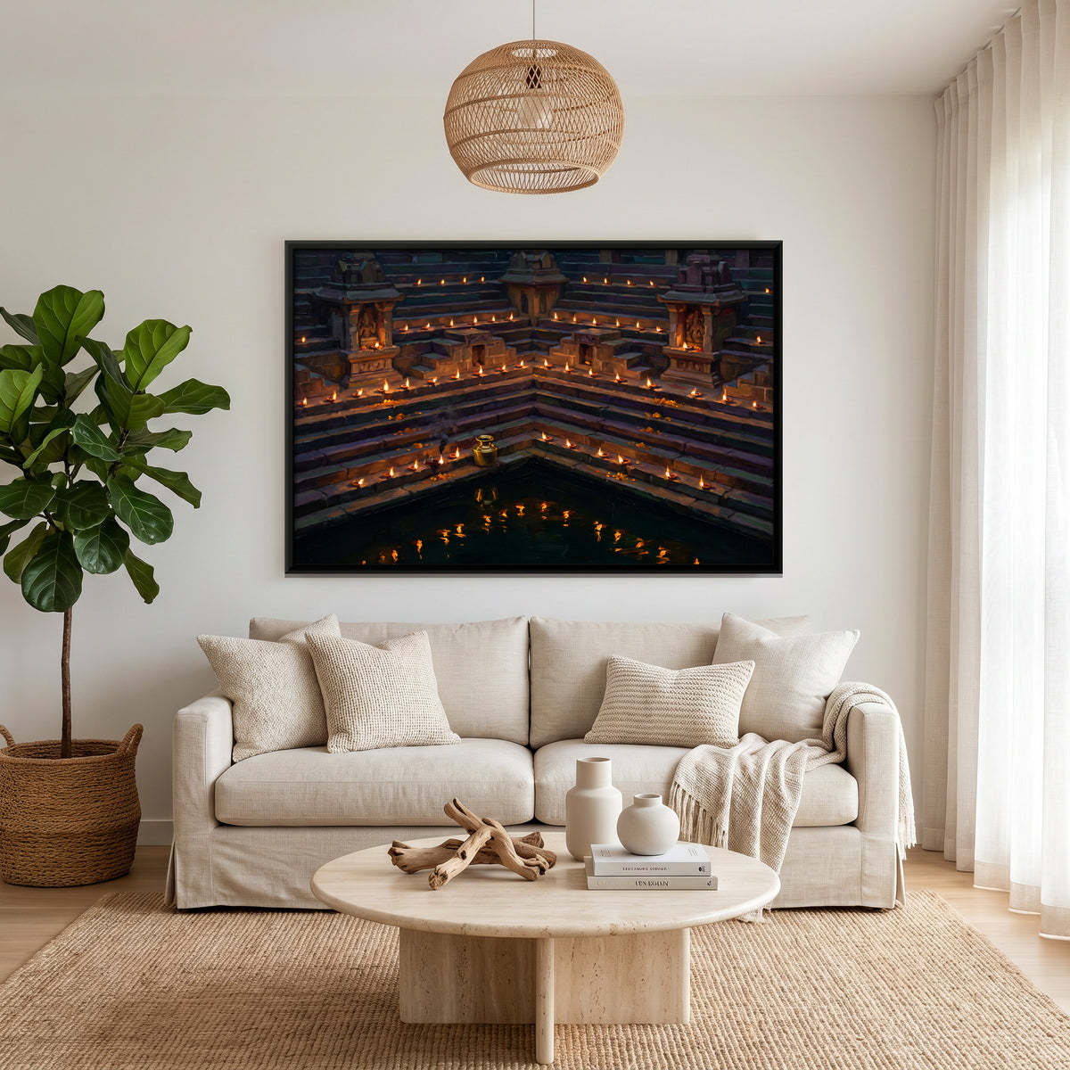 Oil Lamps on a Temple Tank - canvas art shown in a second room setting