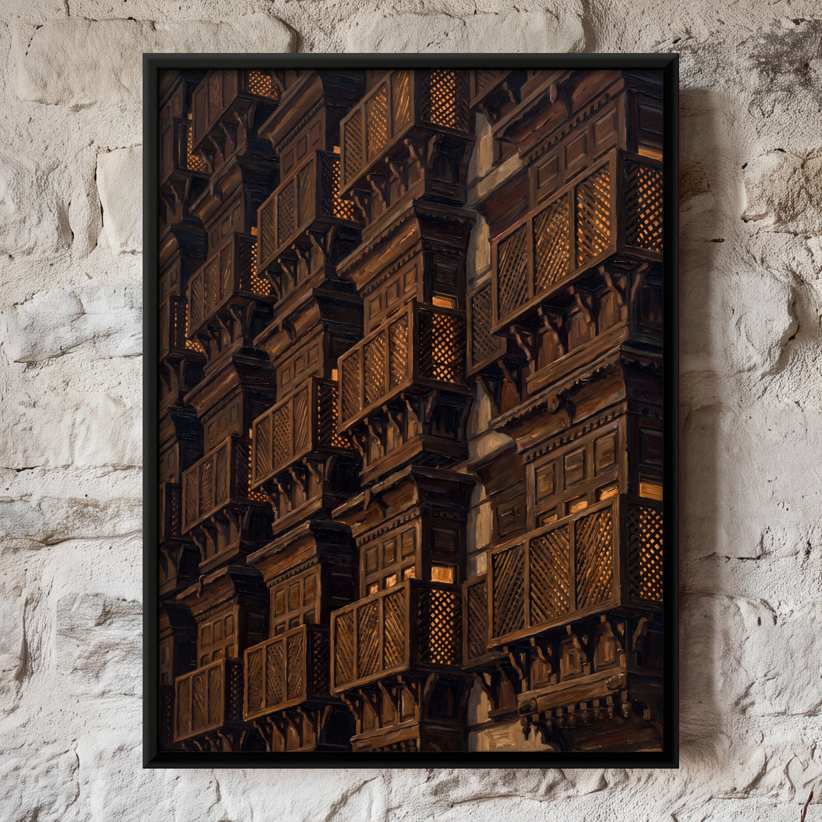 Carved Wooden Lattice Windows - framed canvas art hung on a wall