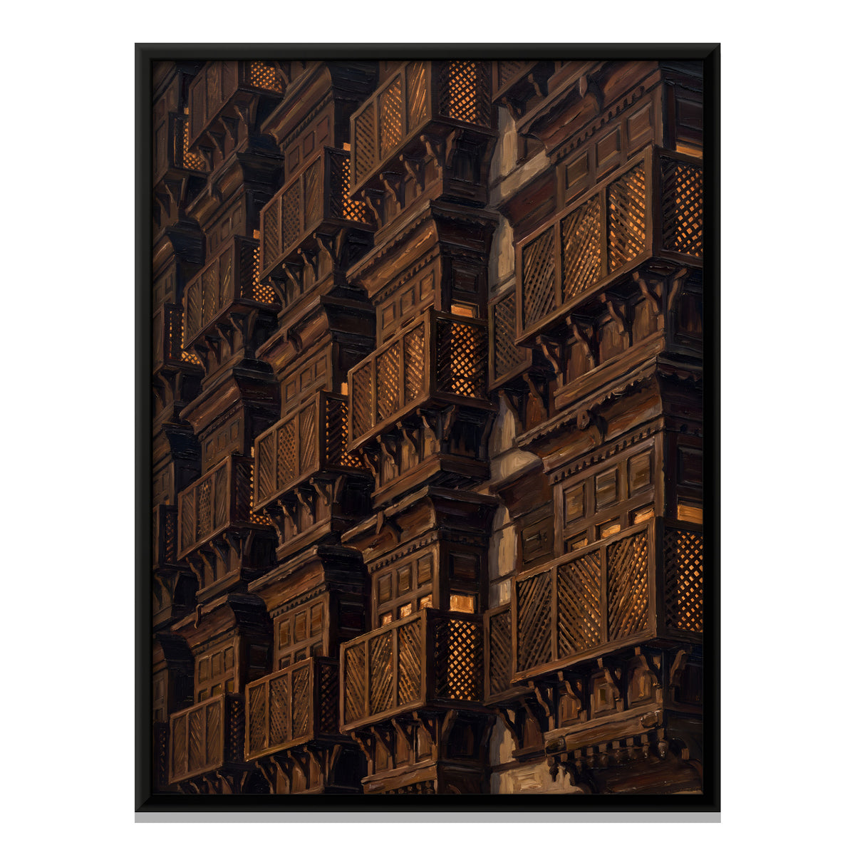 Carved Wooden Lattice Windows - framed canvas print, front view