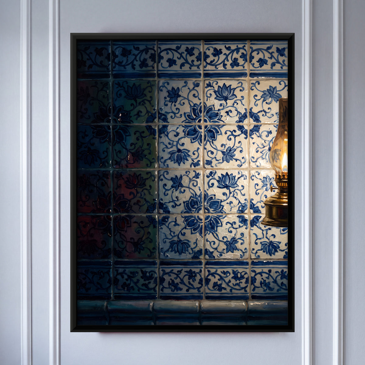 Blue and White Tiles by Lamplight - framed canvas art hung on a wall